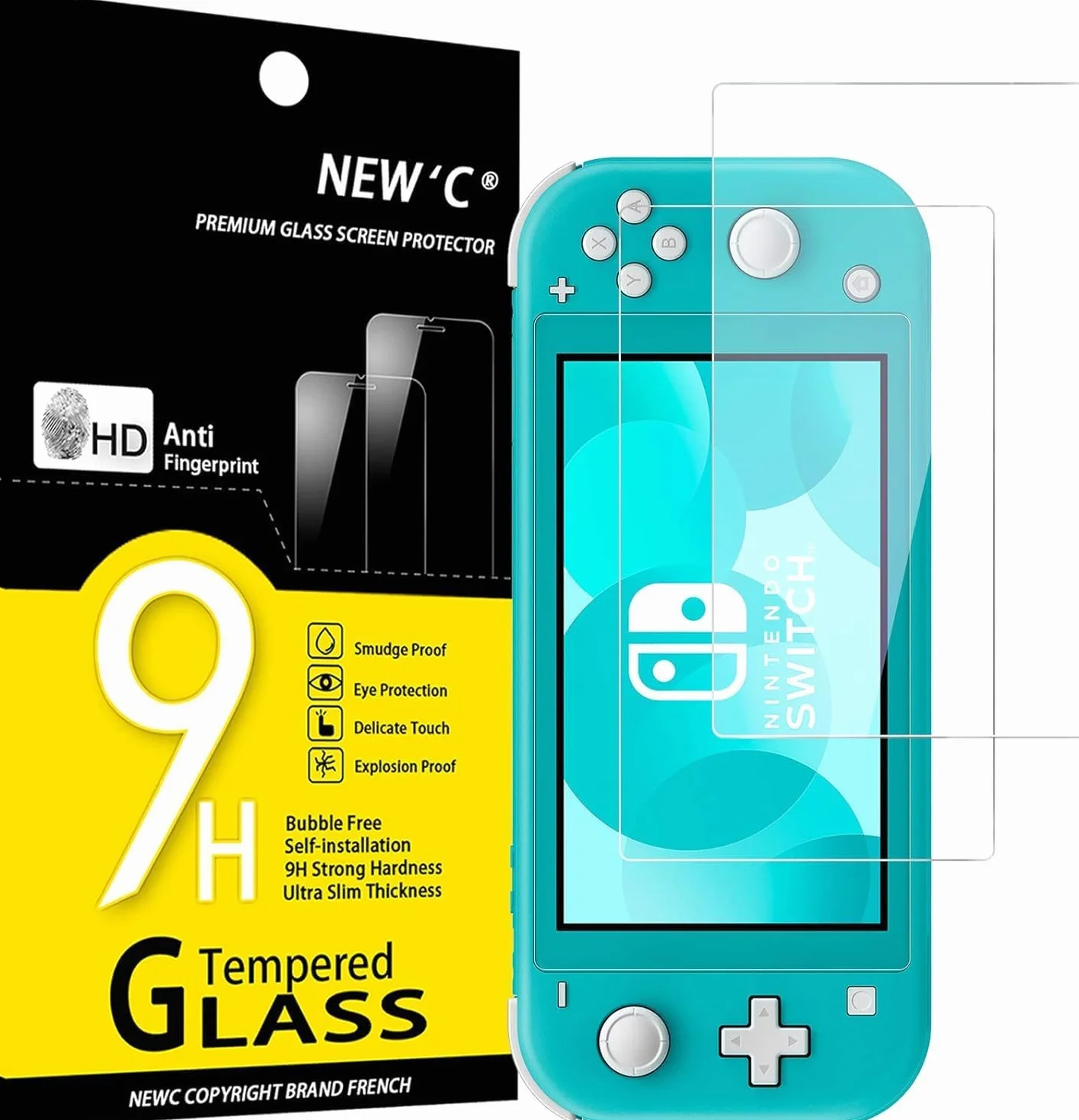NEW'C 2 sztuki Szkło dla Nintendo Switch Lite Hartowane i Folia Ochronna Ochraniacz Ekranu - Bez pęcherzyków powietrza, odporność na zarysowania