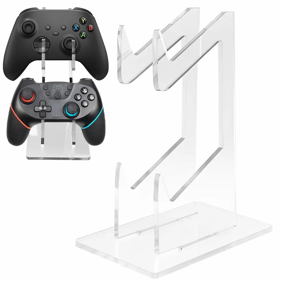 Stojak na kontroler, 2-warstwowy, akrylowy uchwyt – uniwersalny uchwyt na kontroler do konsoli PS5 Xbox Switch – kompaktowy stojak na akcesoria gamingowe – przezroczysta konstrukcja do biurka